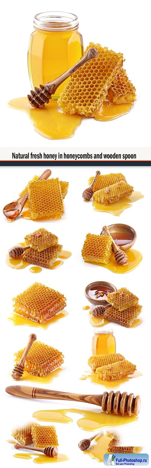 Natural fresh honey in honeycombs and wooden spoon