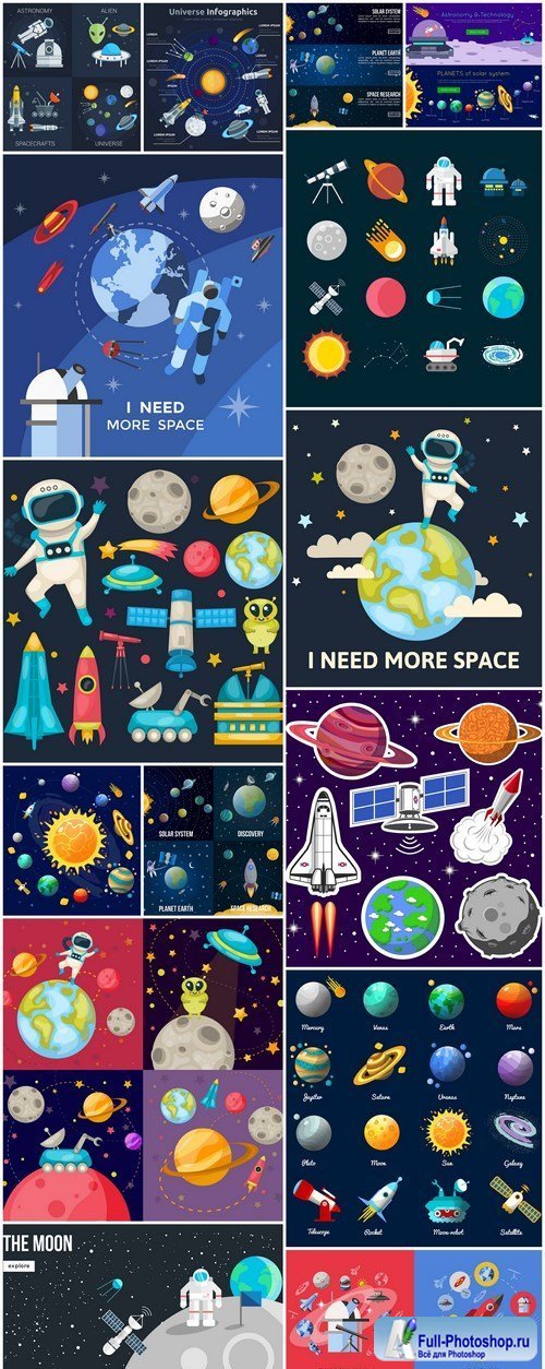 Flat Colored Space Illustration - 16 Vector