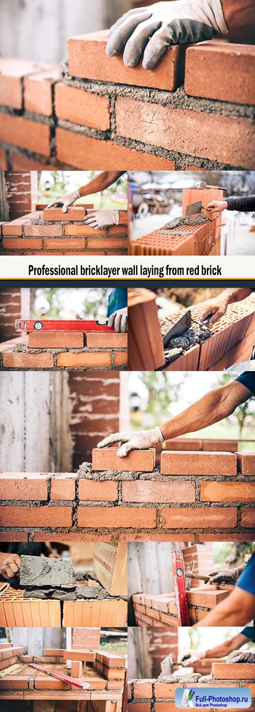 Professional bricklayer wall laying from red brick
