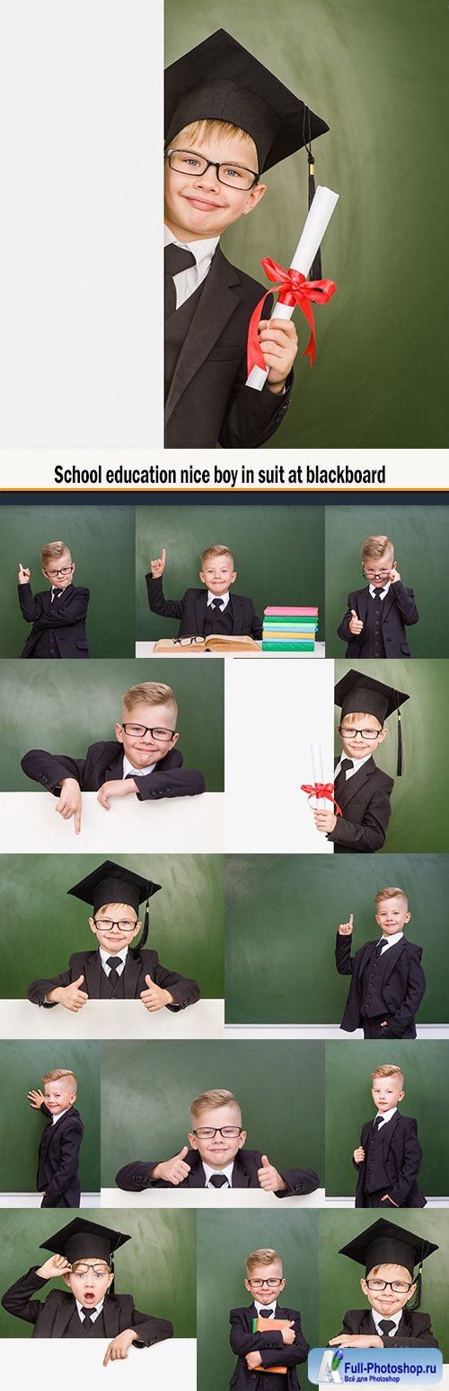 School education nice boy in suit at blackboard