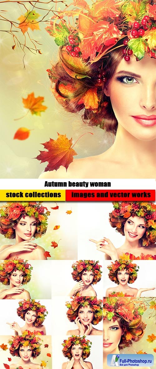 Autumn beauty woman fashion makeup with red and yellow autumn leaves