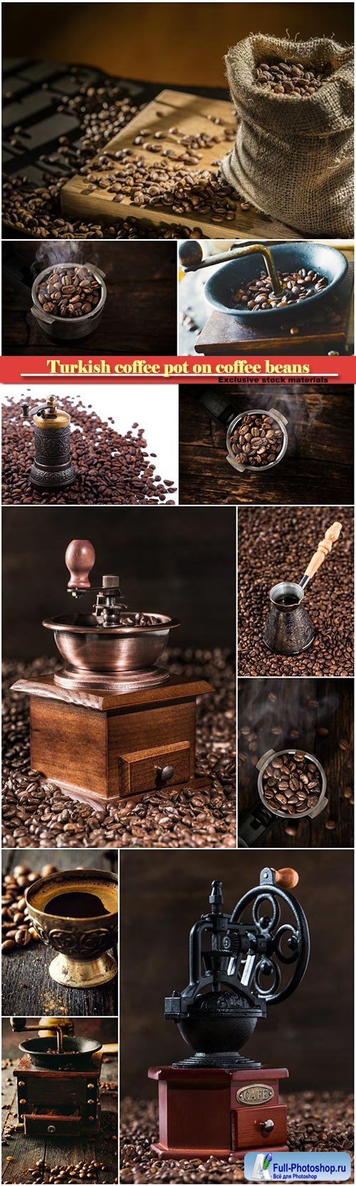 Turkish coffee pot on coffee beans, coffee mill