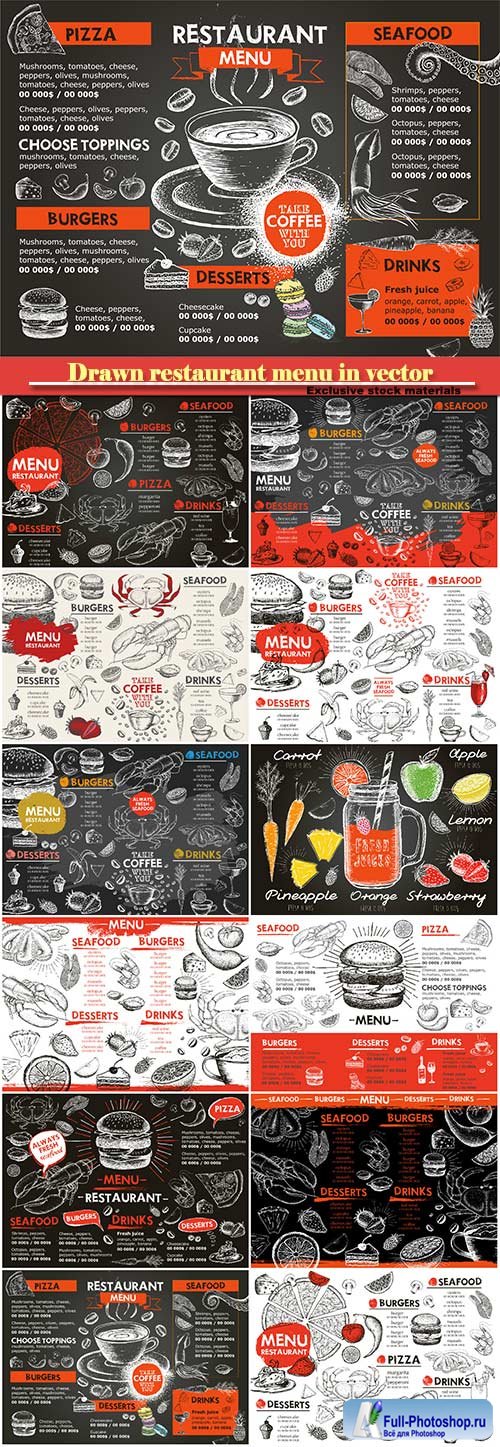 Drawn restaurant menu in vector, desserts, drinks, fast food, seafood
