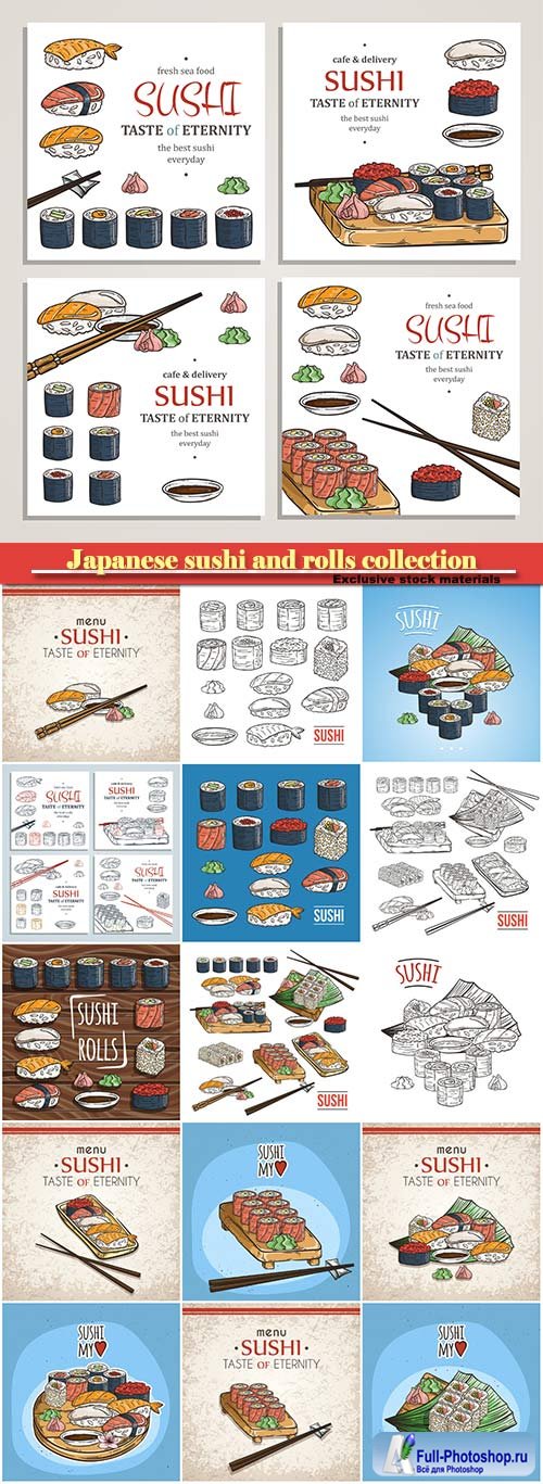 Japanese sushi and rolls collection, traditional fresh seafood, asia cuisine delicious