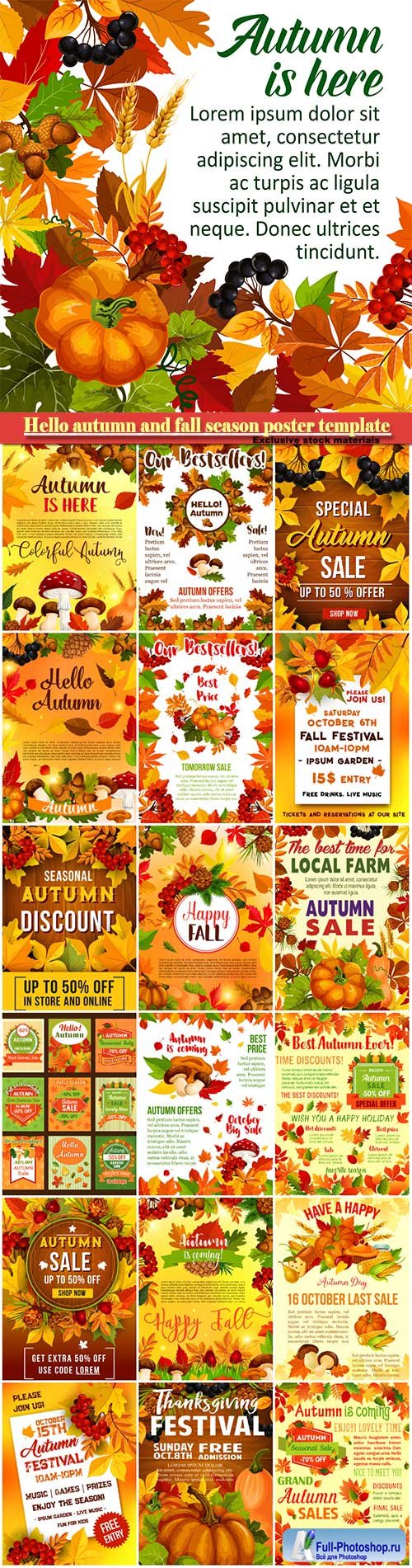 Hello autumn and fall season poster template, thanksgiving day design