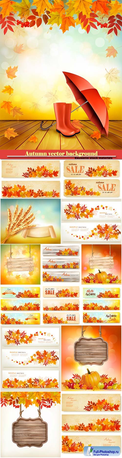 Autumn vector background with fruit and leaves, autumn sale banners