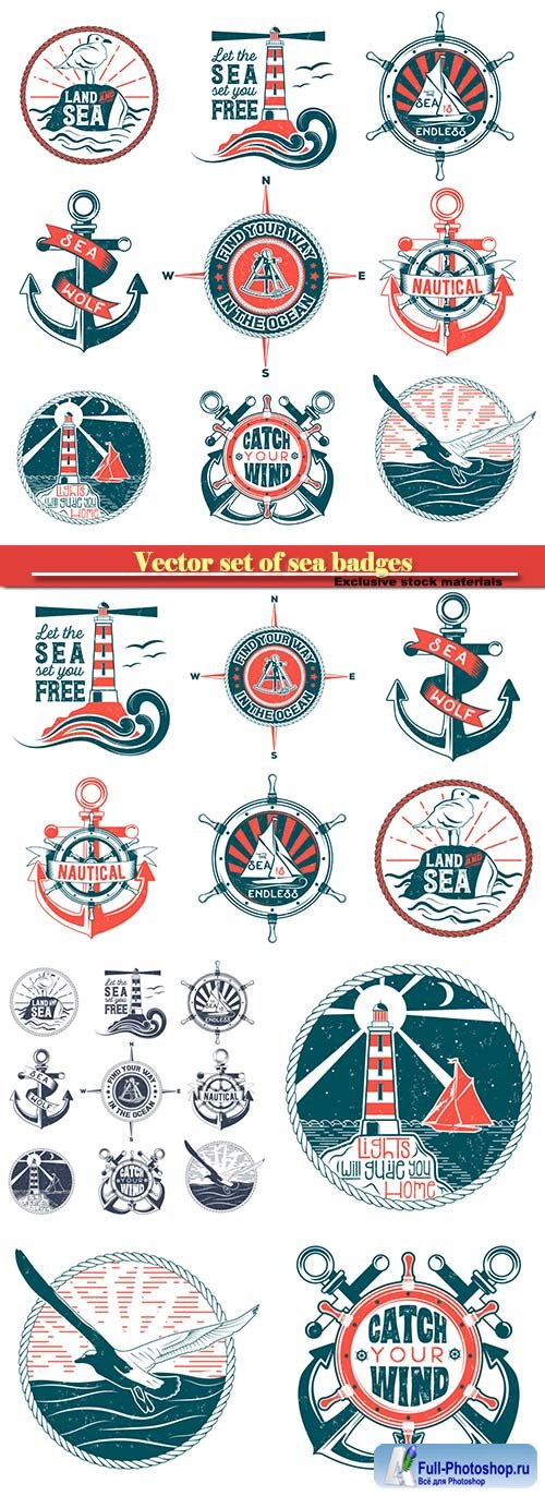 Vector set of badges with a general theme of the sea with the image of a wash, gulls, steering wheel, anchors