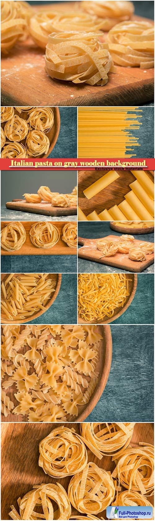 The dry Italian pasta on gray wooden background