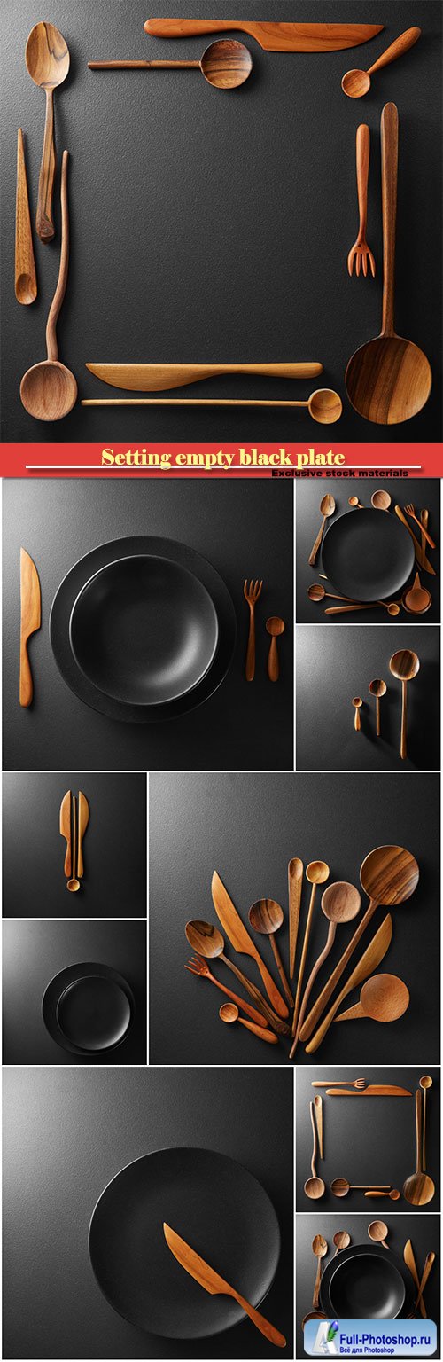 Setting empty black plate and wooden spoon, fork, knife on a black table