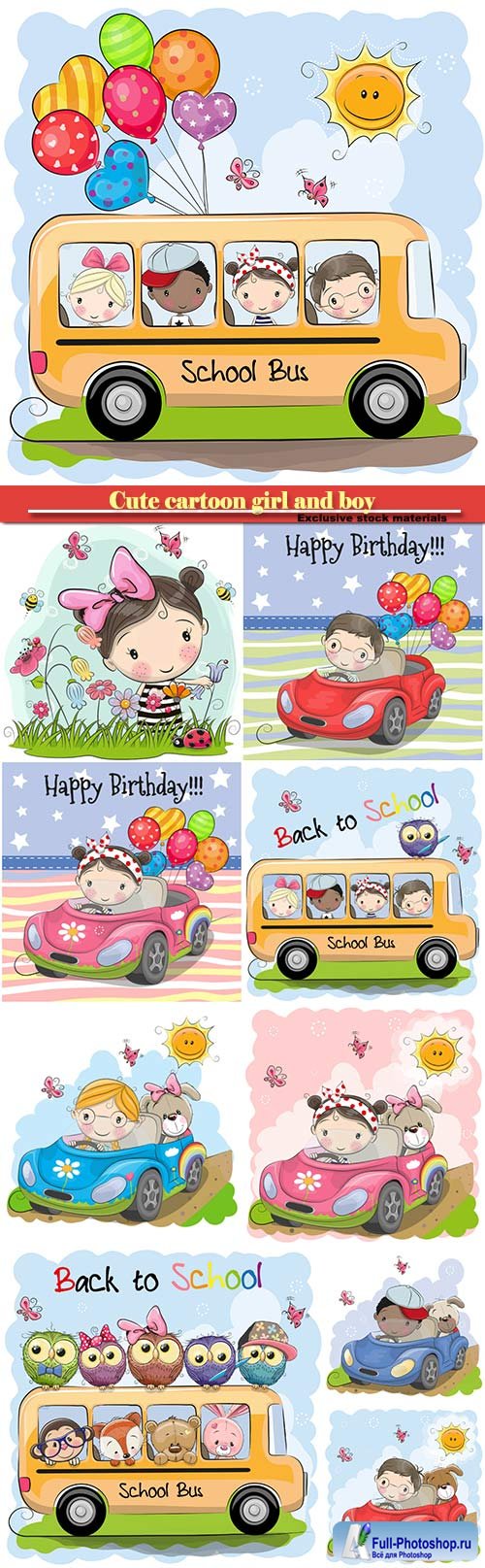 Cute cartoon girl and boy with balloon goes on a car