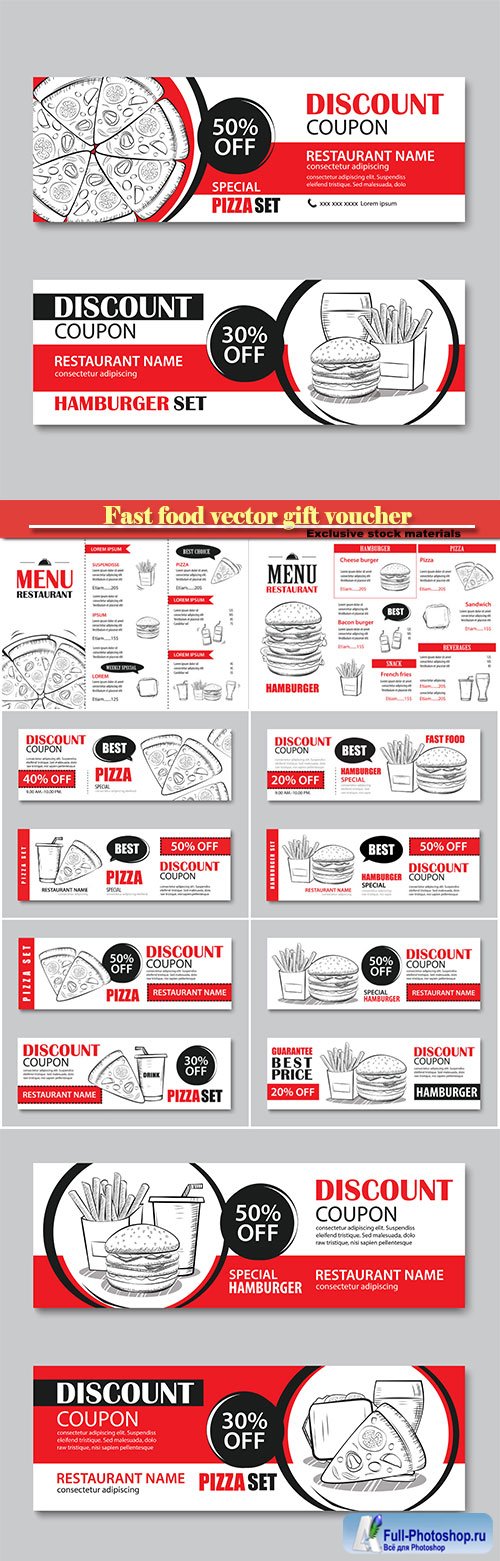 Fast food gift voucher and coupon sale discount template flat design, vector set of hamburger, french fries, sandwich, pizza  hand drawn background