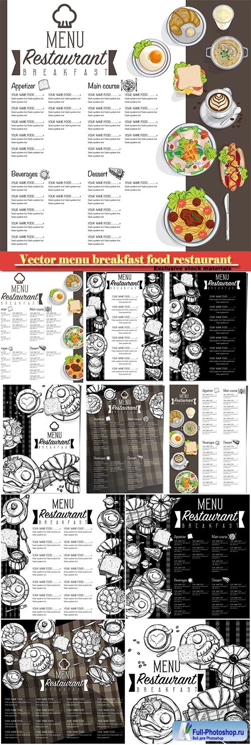 Vector menu breakfast food restaurant template design hand drawing