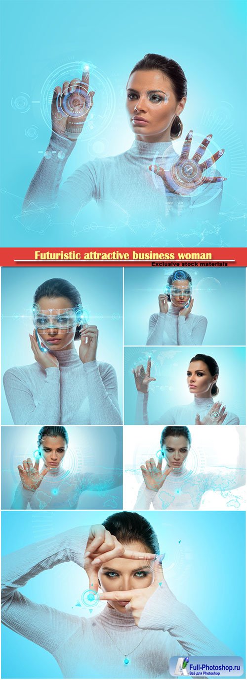 Image of a futuristic attractive business woman wearing virtual glasses working with a holographic hadt against a background of high technology