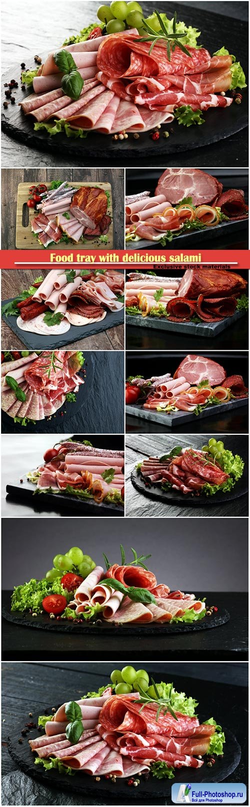 Food tray with delicious salami, pieces of sliced ham, sausage, tomatoes, salad and vegetable