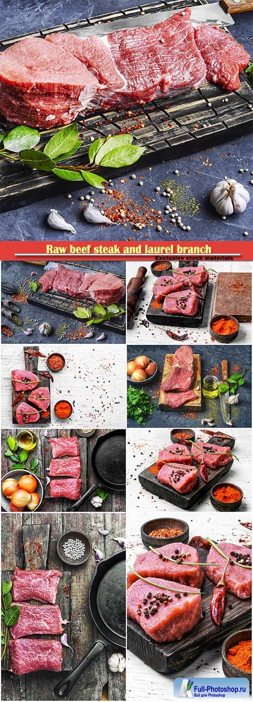 Raw beef steak and laurel branch on vintage background