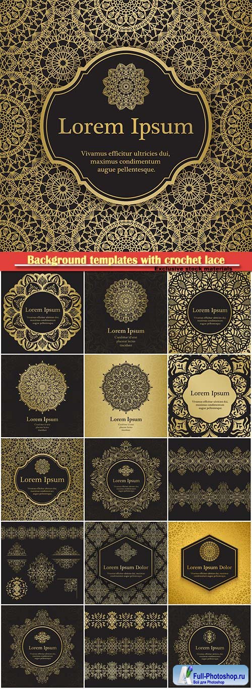 Background templates with crochet lace, gold damask ornament, mandala background