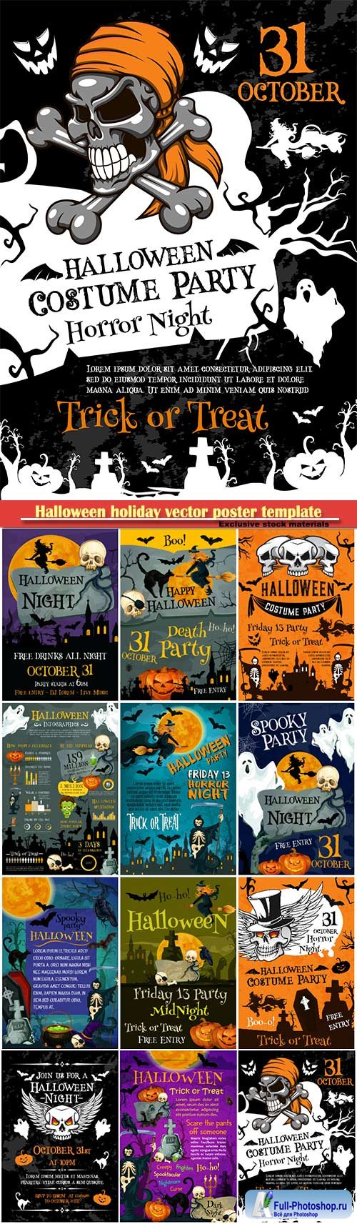 Halloween holiday vector poster template, scary pumpkin lantern and bat, spooky skeleton skull and death scythe, black cat and spider web on cemetery grave banner for october holiday design