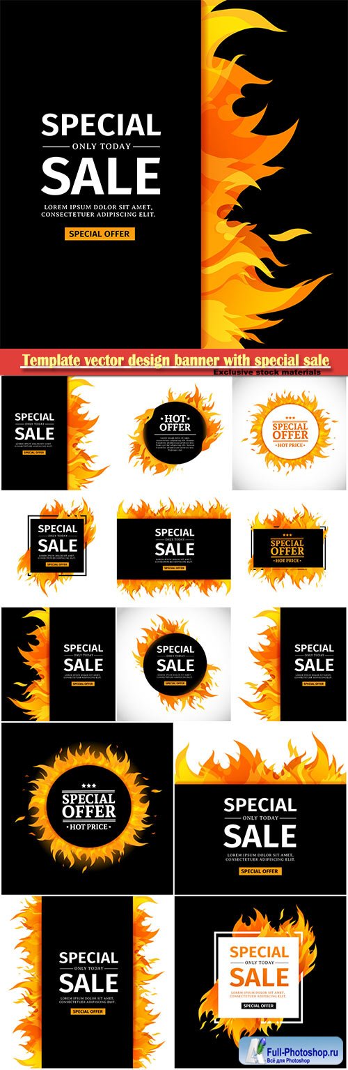 Template vector design banner with special sale, card for hot offer with frame fire graphic