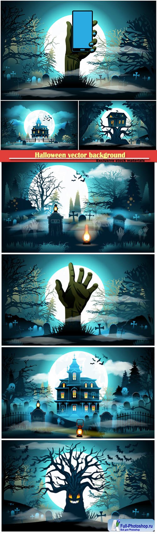 Halloween vector background, old scary house, castle and cemetery on blue moon background