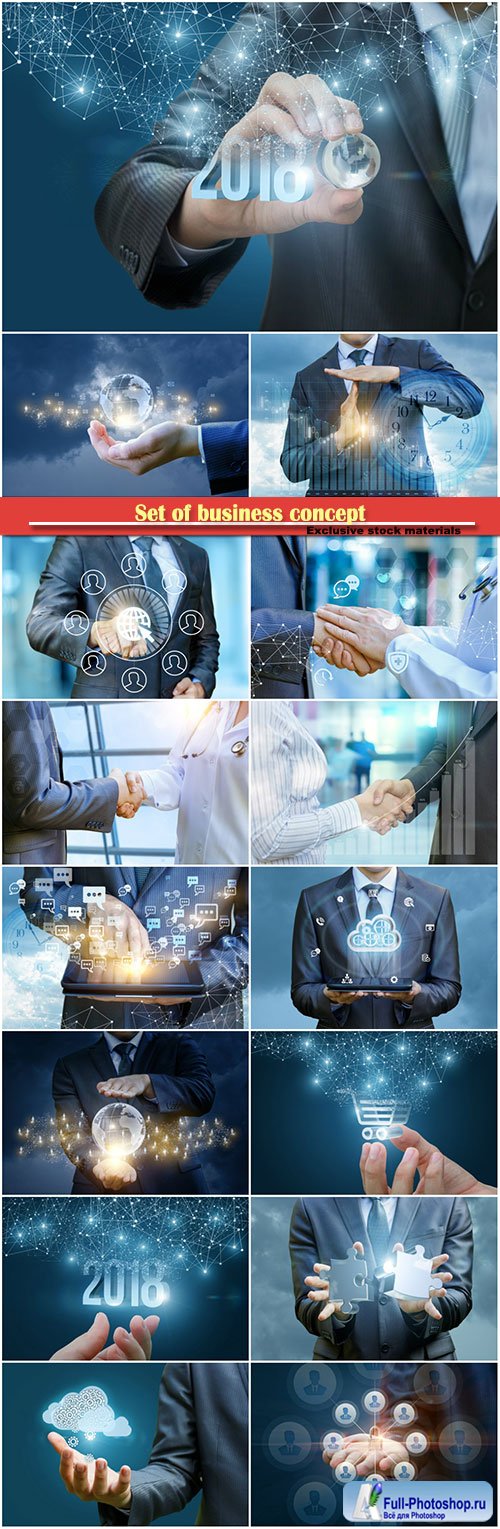 Set of business concept, handshake on the background of profit growth, hand with holding a globe on a background 2018, network users, businessman chatting on tablet