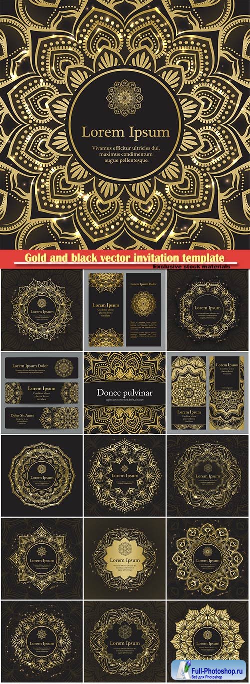 Gold and black vector invitation template, flyer template set with flower mandala in gold color