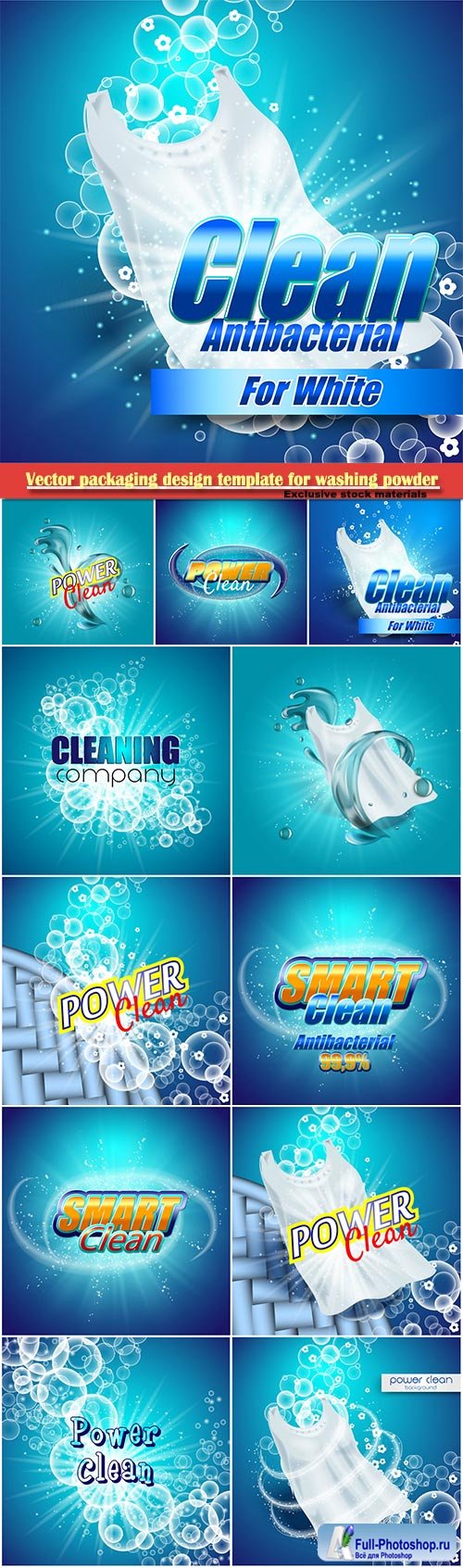 Vector packaging design template for washing powder, super clean, soap bubbles