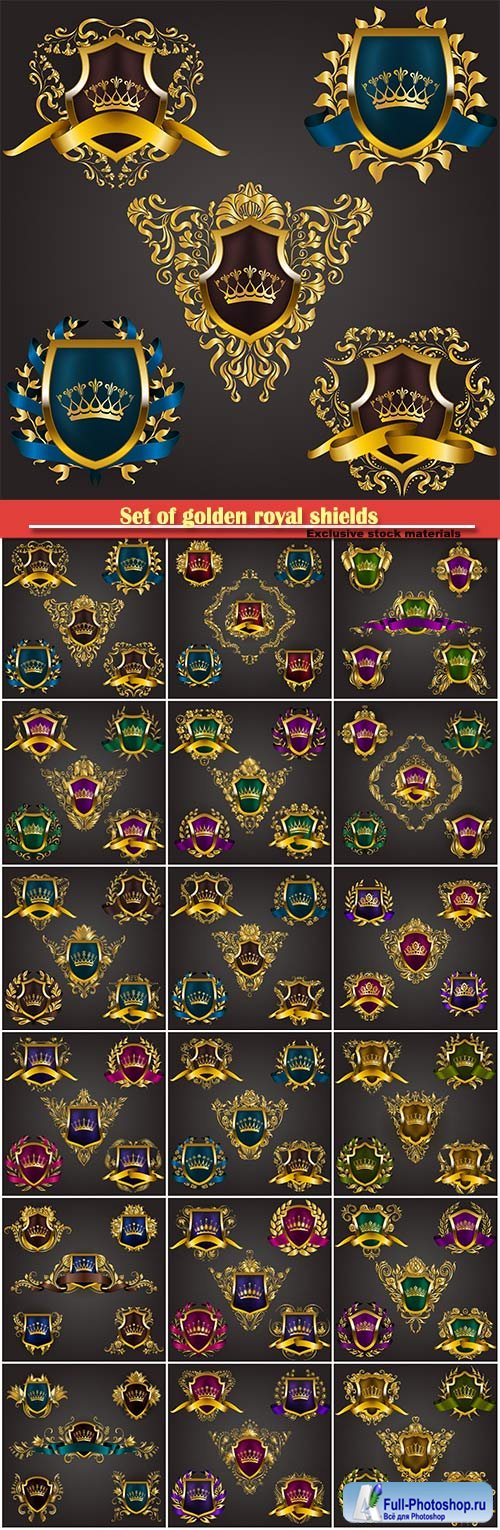 Set of golden royal shields with vector floral elements, ribbons, laurel wreaths for page, old frame, border, crown, divider in vintage style for label