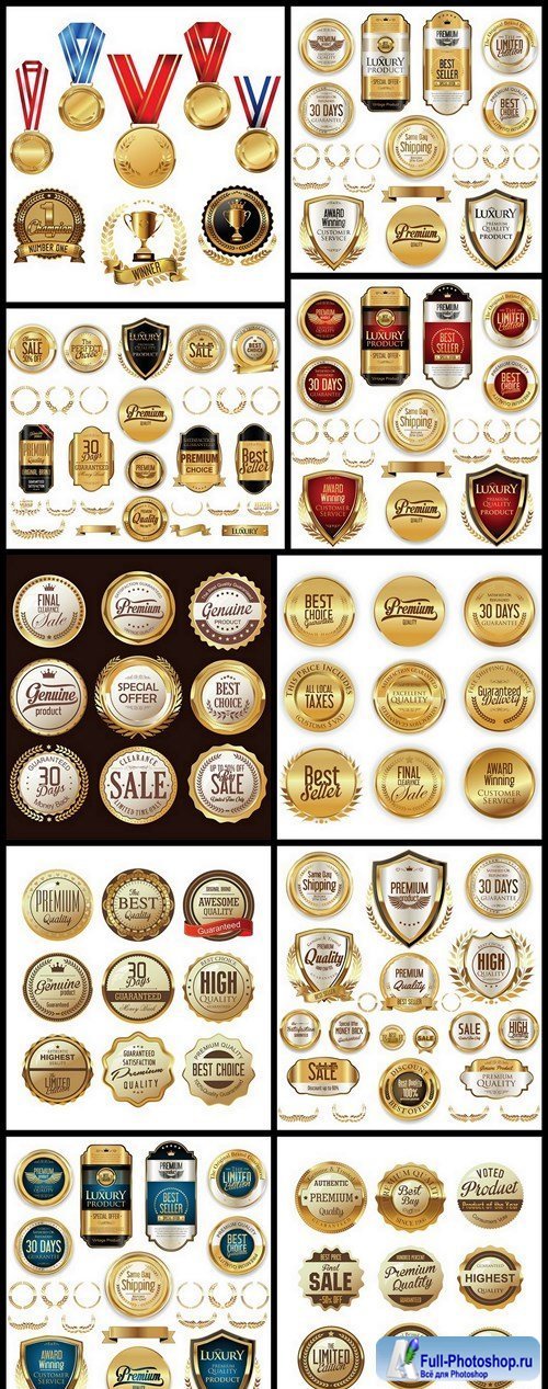 Golden Badges And Labels - 10 Vector