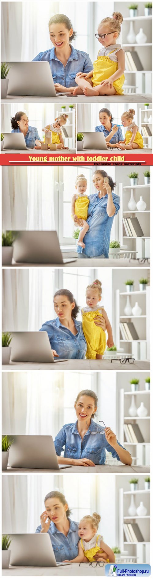 Young mother with toddler child working on the computer from home