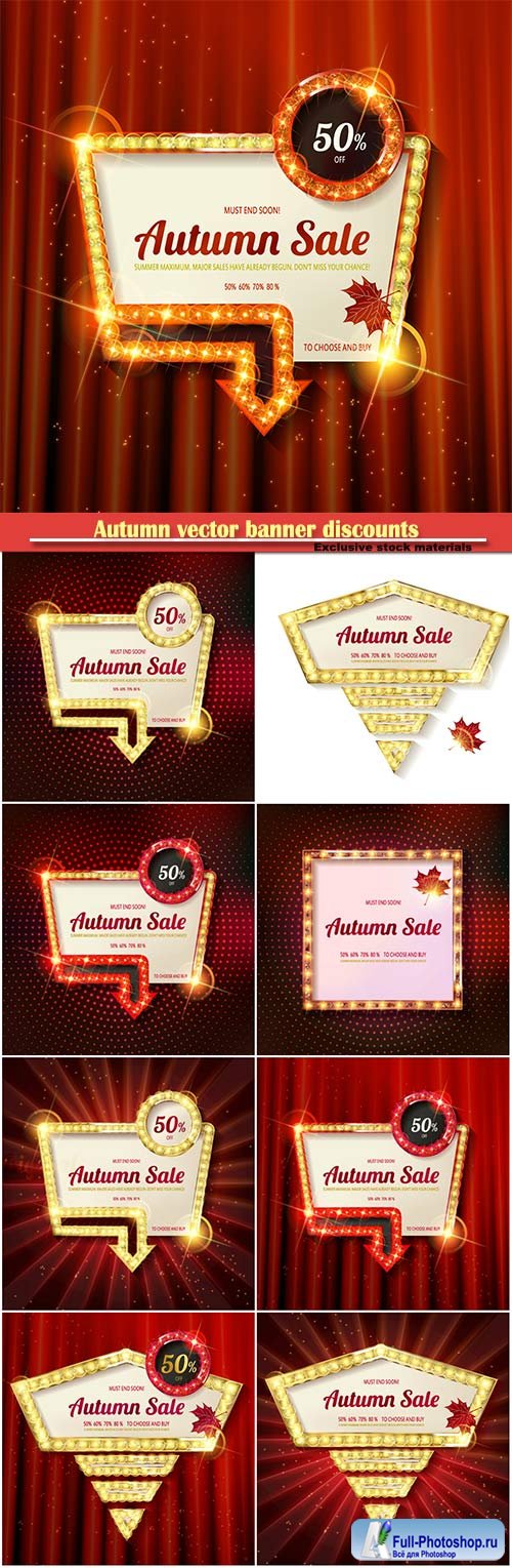 Autumn vector banner discounts, golden vintage frame on the background of the curtain