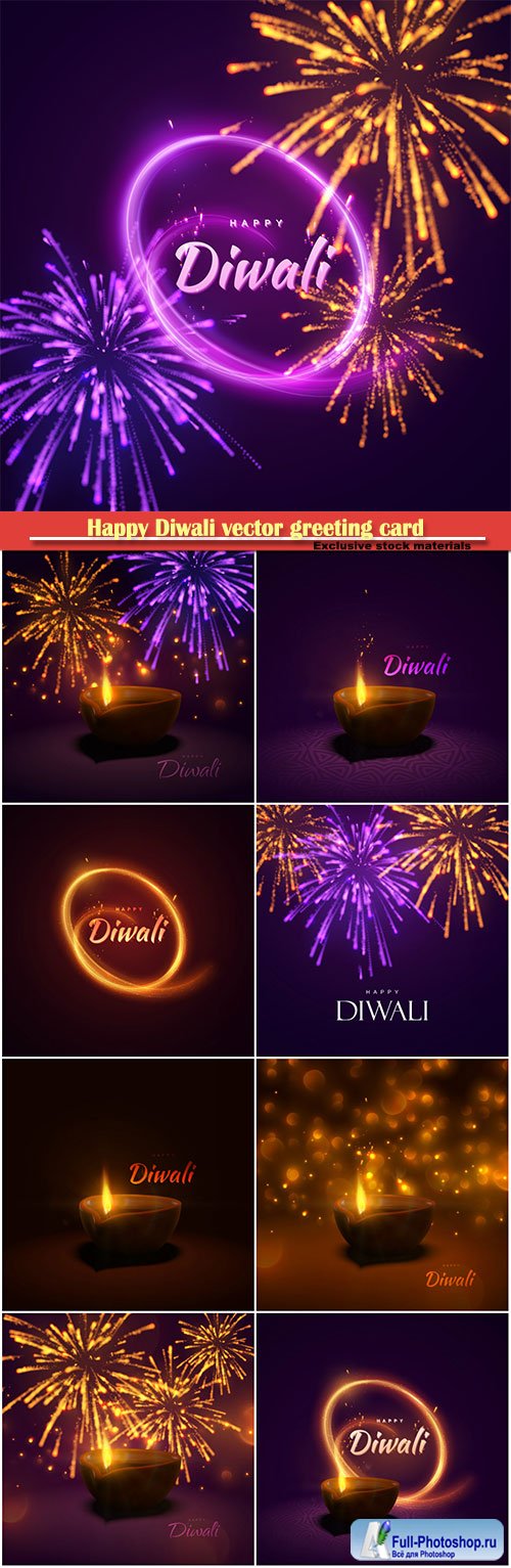 Happy Diwali vector greeting card, indian festival of lights and fire