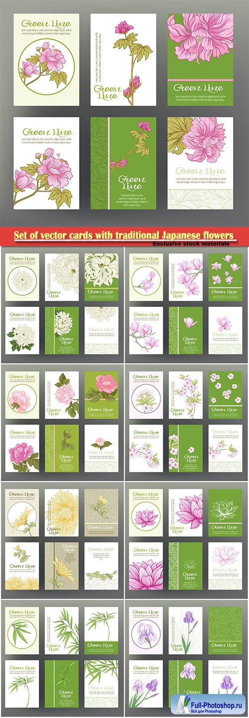 Set of vector cards with traditional Japanese flowers #2