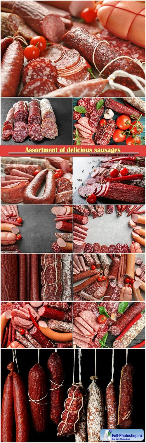 Assortment of delicious sausages, meat products and vegetables