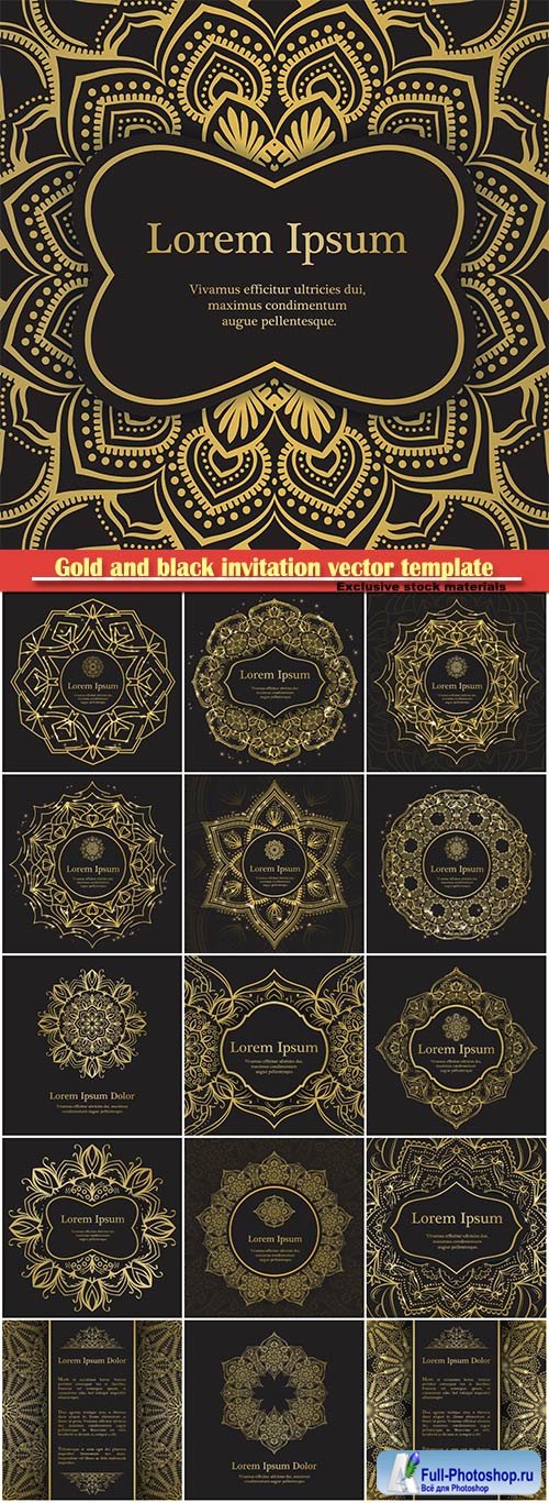 Gold and black invitation vector template, mandala background
