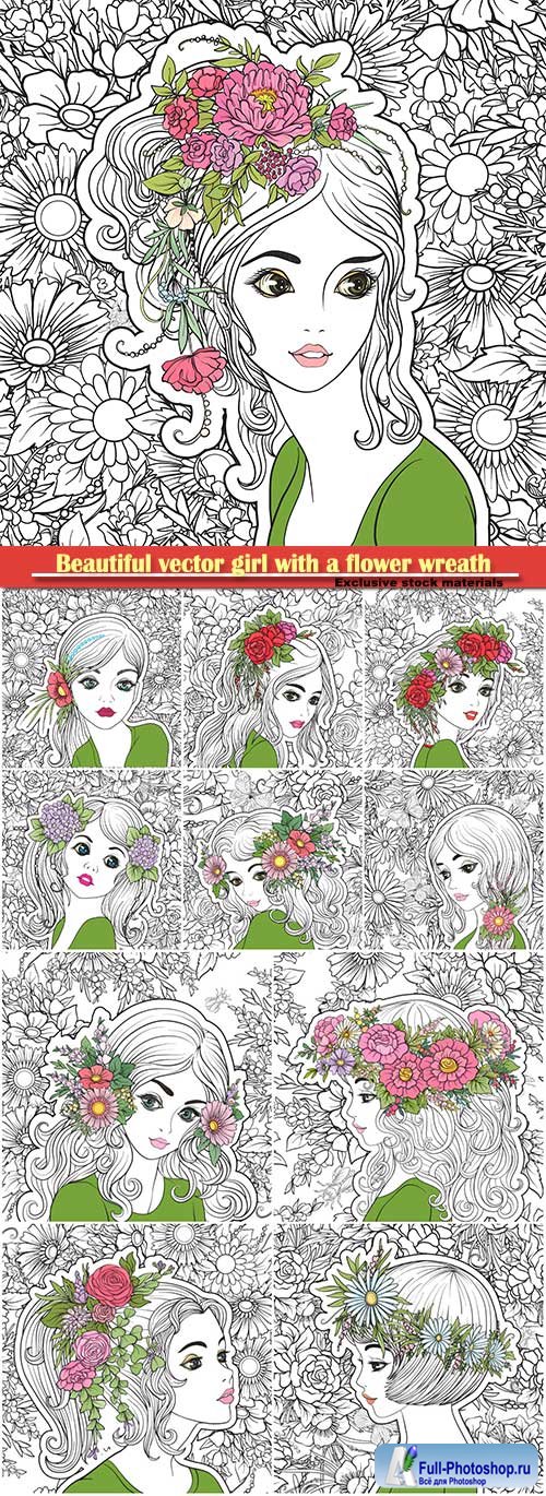 Beautiful vector girl with a flower wreath on his head