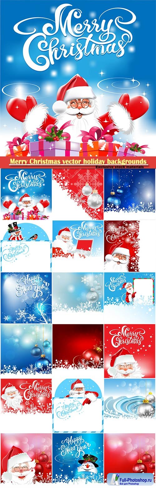 Merry Christmas vector holiday backgrounds, Santa Claus, snowman, Christmas decorations and snowflakes