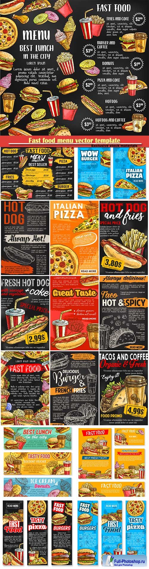 Fast food menu vector template, cheeseburger, burger, hotdog, sandwich, snack, french fries or pizza