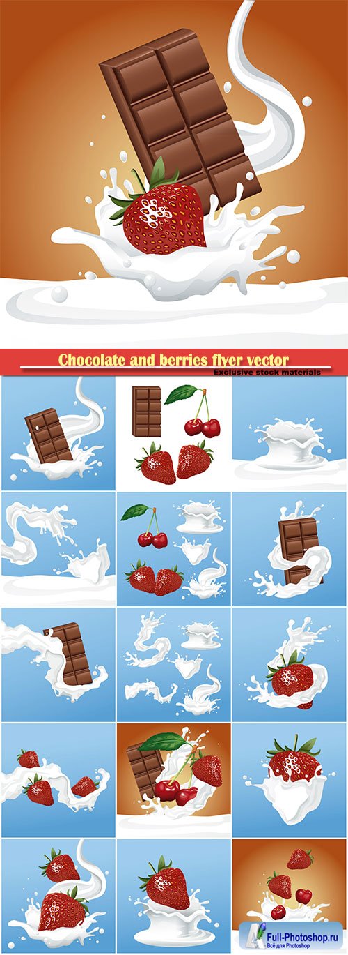 Chocolate and berries flyer vector Ilustration, milk splash