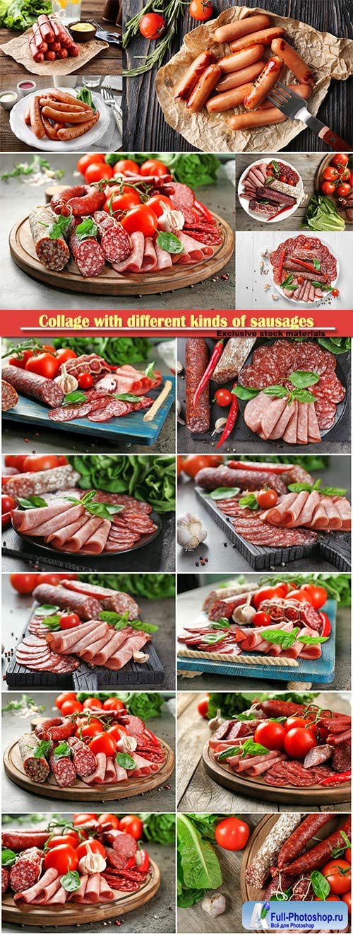 Collage with different kinds of sausages with vegetables