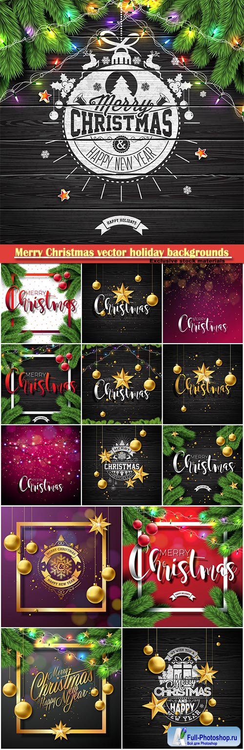 Merry Christmas vector holiday backgrounds, Christmas decorations and snowflakes