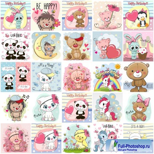 Cartoon animals mega vector set, kitten, dog, elephant, hedgehog, giraffe, owl, teddy bear, bunny
