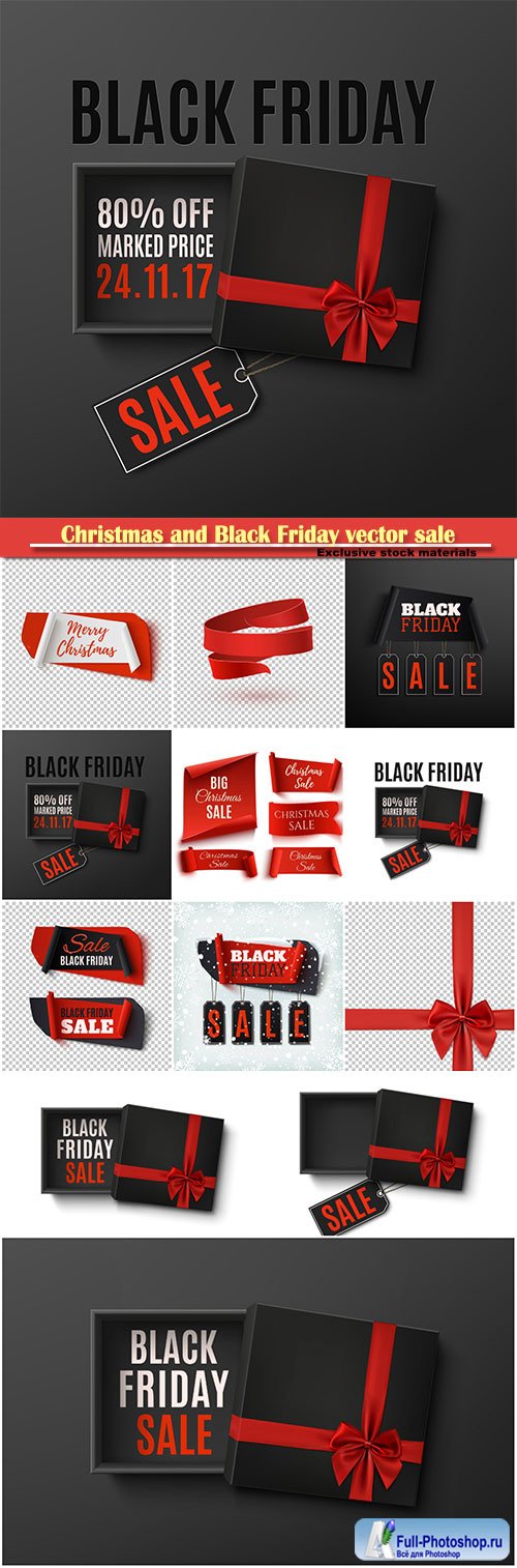 Christmas and Black Friday vector sale, set of five red, paper banners, abstract banners on transparent background