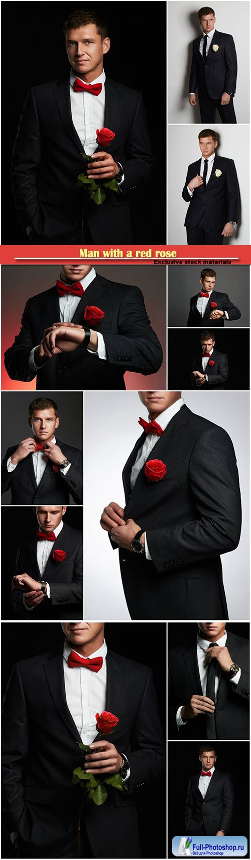 Man with a red rose, a bridegroom in a black suit
