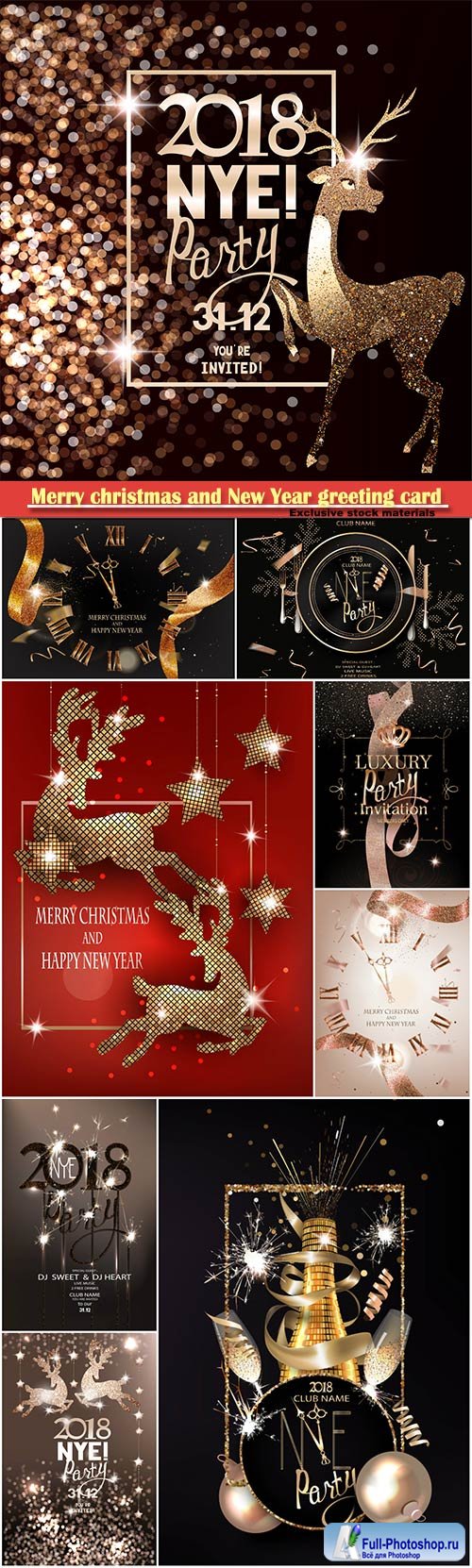 Merry christmas and New Year greeting card, gold sparkling ribbon, flying confetti and beautiful watch, shiny reindeers and christmas decorations