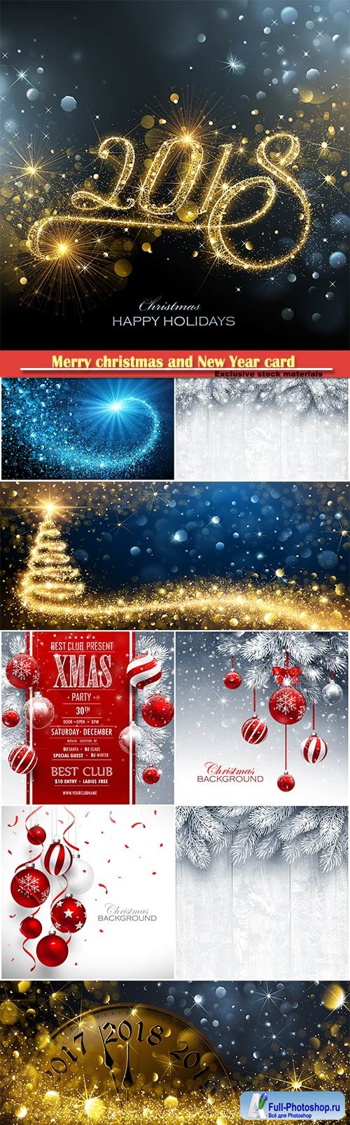 Merry christmas and New Year card with red balls and fir branches, snowy sparkling background