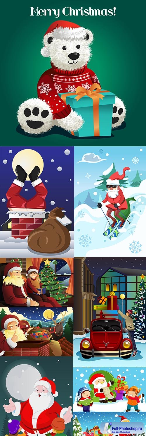 Childrens Merry Christmas cartoon Santa and gifts