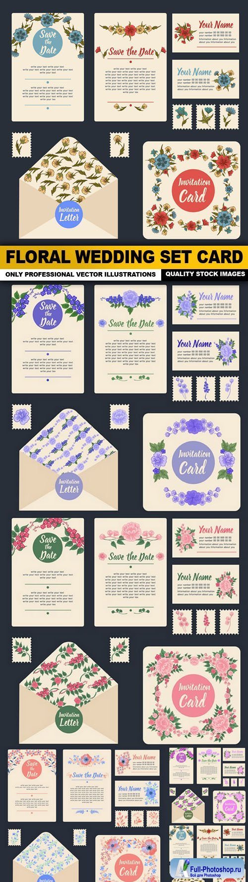 Floral Wedding Set Card - 5 Vector