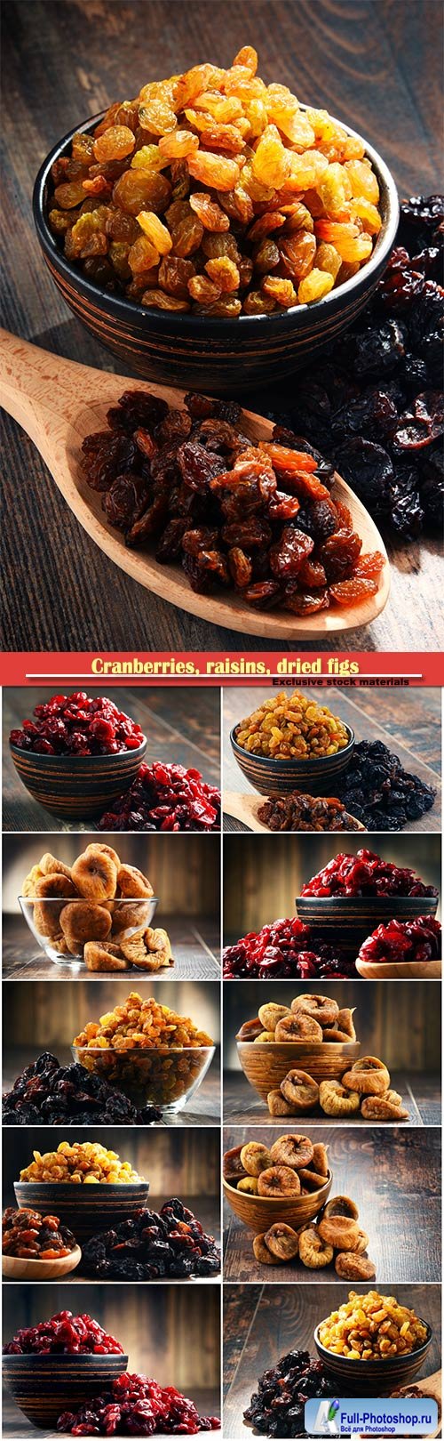 Composition with bowl of dried cranberries, raisins, dried figs