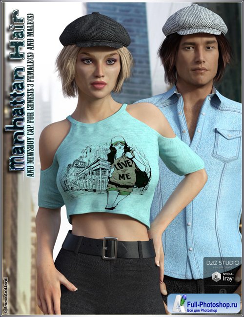 Manhattan Hair and Newsboy Cap for Genesis 3 Female(s) and Male(s)