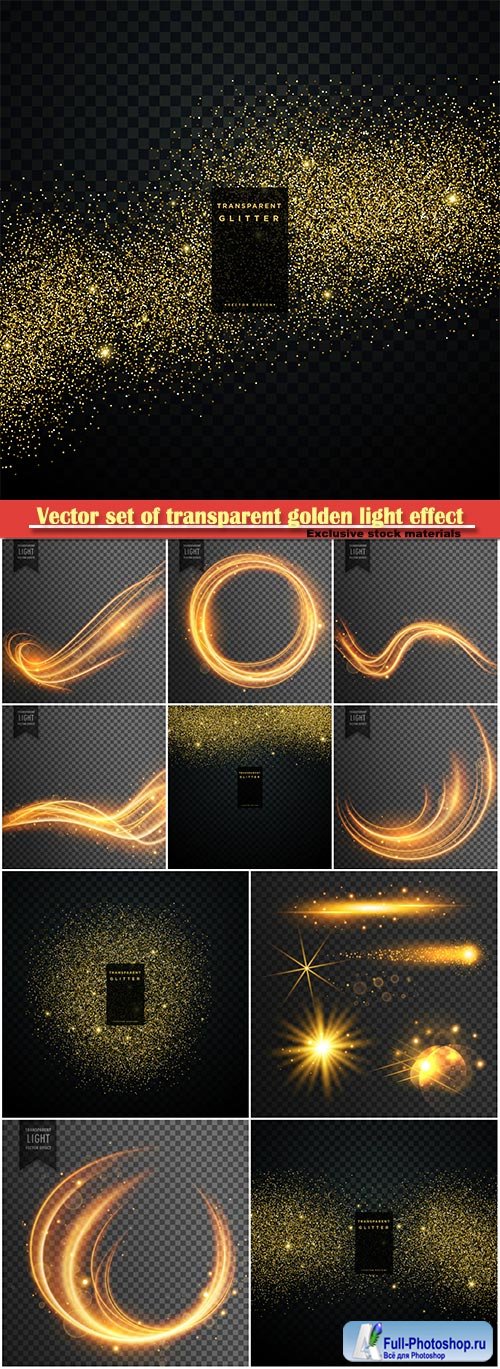 Vector set of transparent golden light effect, shiny sparkles confetti background